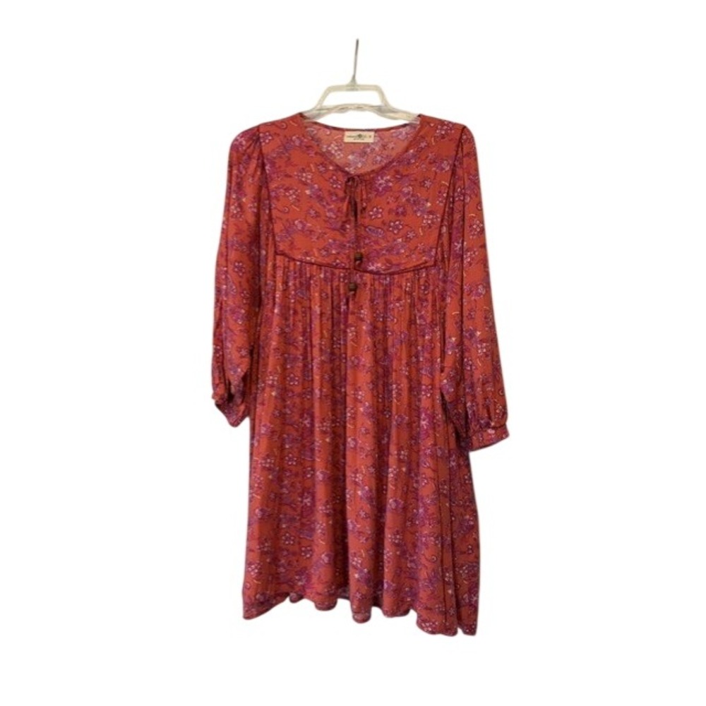 Natural Life Womens Terracotta Floral Paisley Tie Neck Babydoll Mini Dress M